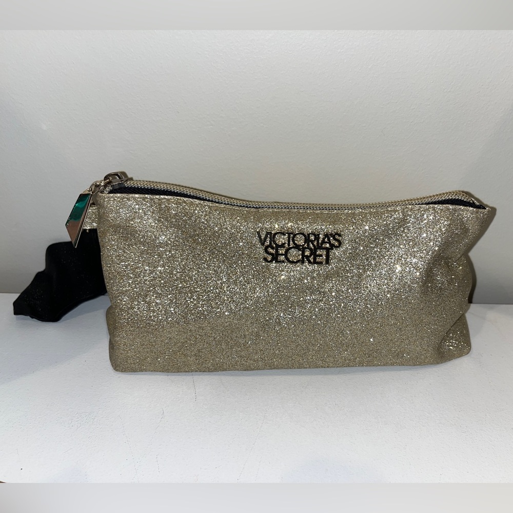 Victoria's Secret Gold Sparkly Black Handle Make Up Bag